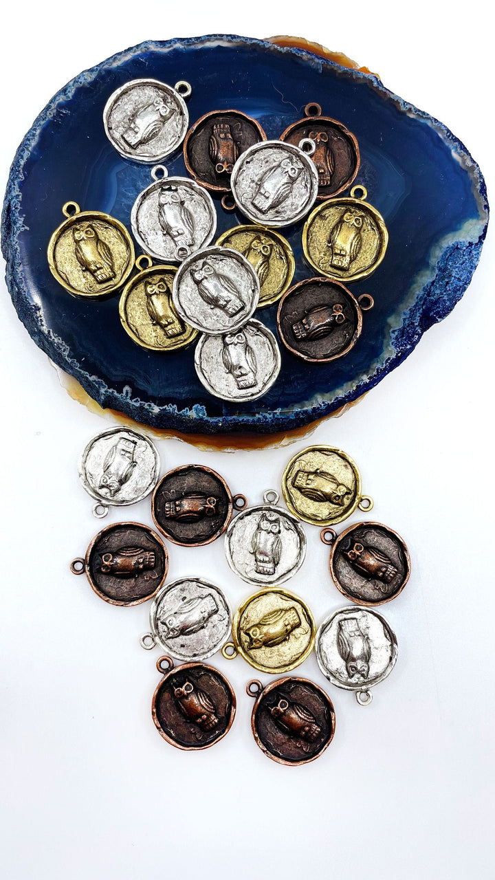 Round Owl Charms, 20x25mm, each / Nunn Design, Nature Inspired Pendants, Bee Charms, Medallions, Jewelry Making Supplies