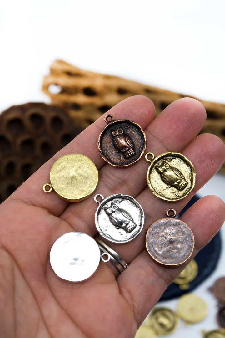Round Owl Charms, 20x25mm, each / Nunn Design, Nature Inspired Pendants, Bee Charms, Medallions, Jewelry Making Supplies