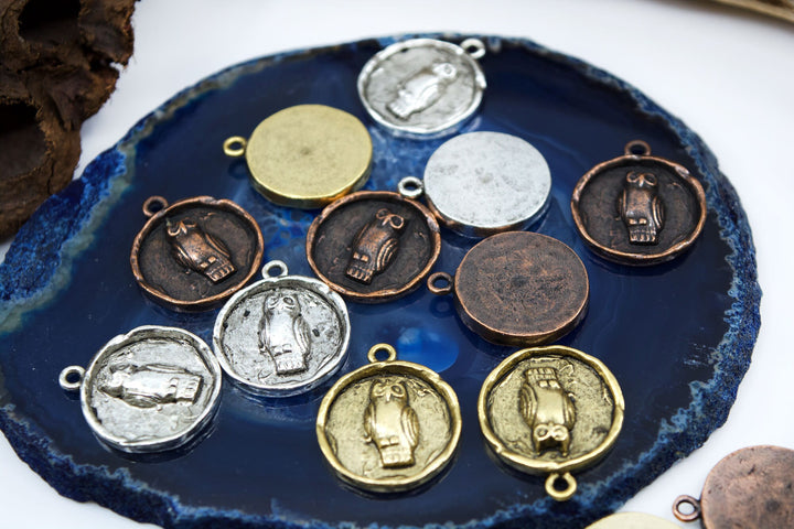 Round Owl Charms, 20x25mm, each / Nunn Design, Nature Inspired Pendants, Bee Charms, Medallions, Jewelry Making Supplies