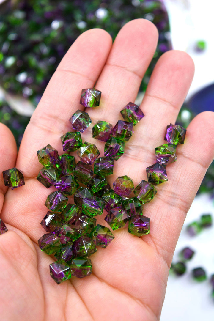 Purple &amp; Green: Polygon Acrylic Beads, 8mm x 30 beads / Lucite Beads, Plastic Beads, Crystal Beads, Two-Toned Beads, Jewelry Making Supplies
