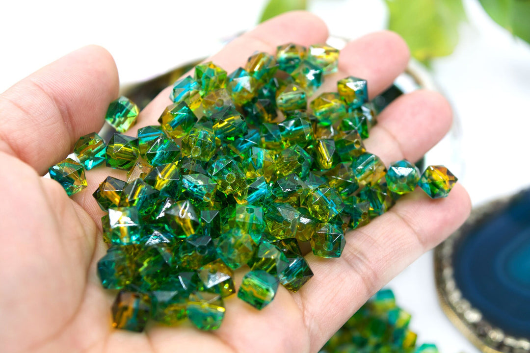 Two Tone Green &amp; Yellow, Polygon Acrylic Beads, 8mm, 30 beads / Plastic Beads, Two Toned Beads, Jewelry Making Supplies