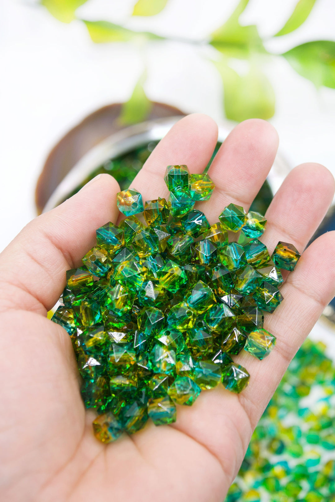 Two Tone Green &amp; Yellow, Polygon Acrylic Beads, 8mm, 30 beads / Plastic Beads, Two Toned Beads, Jewelry Making Supplies