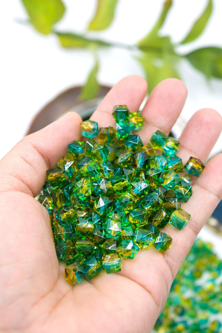Two Tone Green &amp; Yellow, Polygon Acrylic Beads, 8mm, 30 beads / Plastic Beads, Two Toned Beads, Jewelry Making Supplies