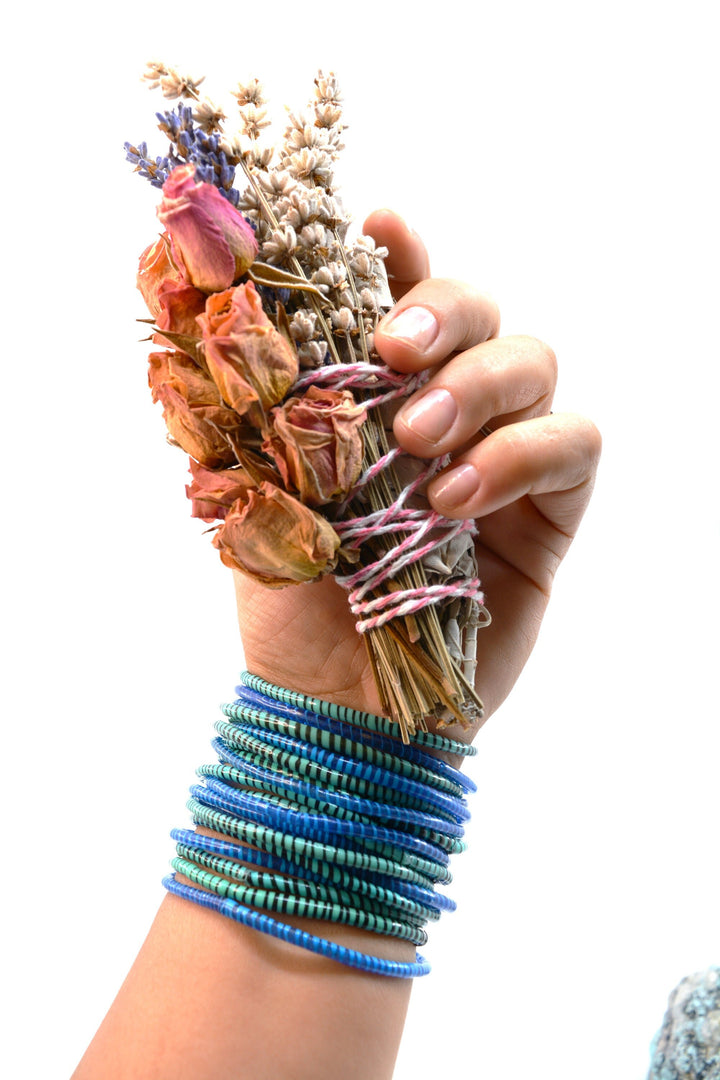 Emerald Green Arm Party Stack – Set of 12 Recycled Flip Flop Bracelets from Mali
