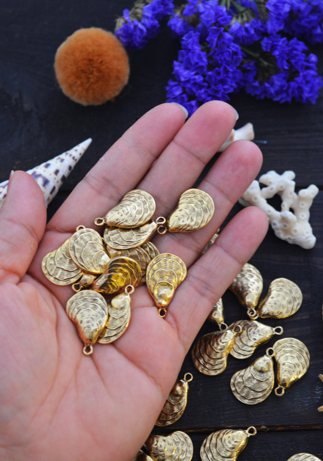 Oyster Shell Charms – Duo-Sided Ocean Medallions for Jewelry Making – 15x25mm, 2 Pieces