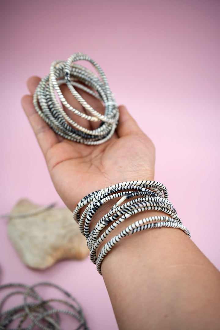 Black and White Arm Party Stack – Set of 12 Recycled Flip Flop Bracelets | Fair Trade Jewelry from Mali, Ethically Sourced, Colorful African Bangles, Waterproof Stack