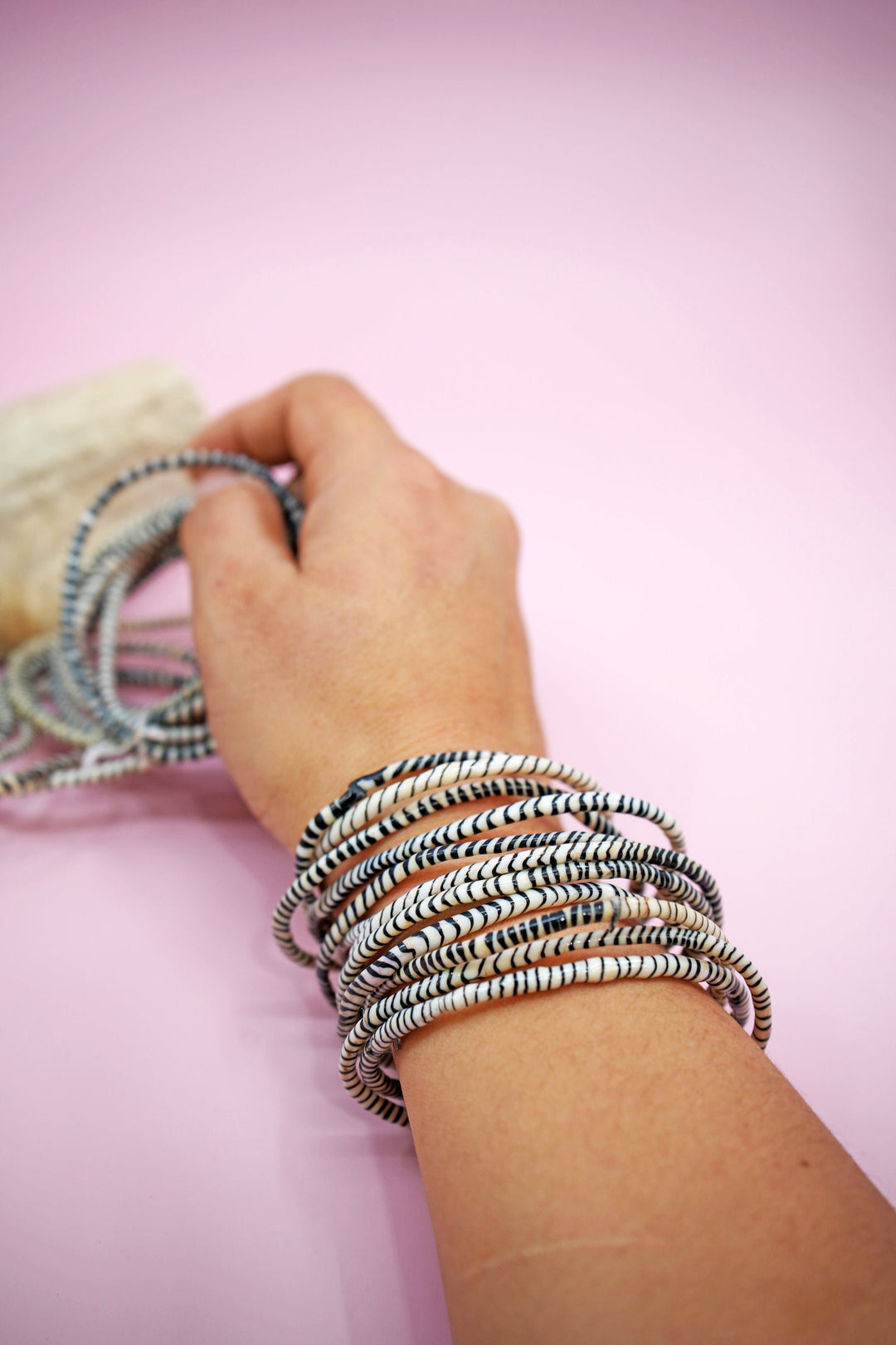 Black and White Arm Party Stack – Set of 12 Recycled Flip Flop Bracelets | Fair Trade Jewelry from Mali, Ethically Sourced, Colorful African Bangles, Waterproof Stack