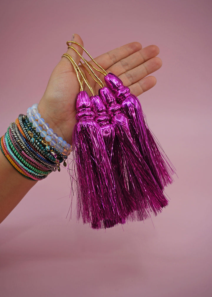 Fuchsia Pink  Metallic Tinsel Tassels  Set of 2 Festive Tassels for DIY Jewelry, 6 inches, Decor, and Crafts