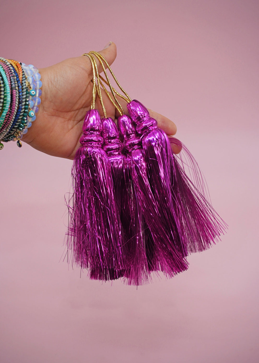 Fuchsia Pink  Metallic Tinsel Tassels  Set of 2 Festive Tassels for DIY Jewelry, 6 inches, Decor, and Crafts