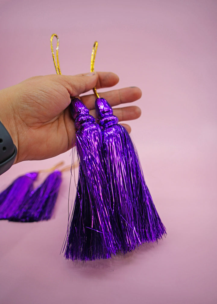 Royal Purple Metallic Tinsel Tassels  Set of 2 Festive Tassels for DIY Jewelry, 6 inches, Decor, and Crafts