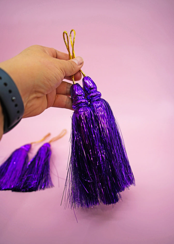 Royal Purple Metallic Tinsel Tassels  Set of 2 Festive Tassels for DIY Jewelry, 6 inches, Decor, and Crafts