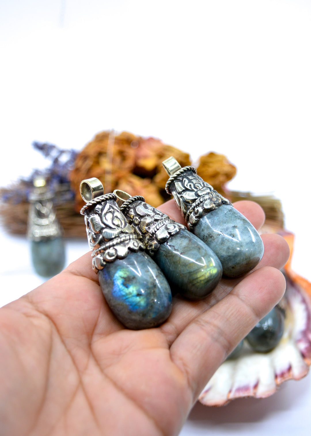 Labradorite Pendant: 1 pendant x Labradorite Teardrop Pendants from Nepal, 22x55mm / DIY Jewelry Making Supplies