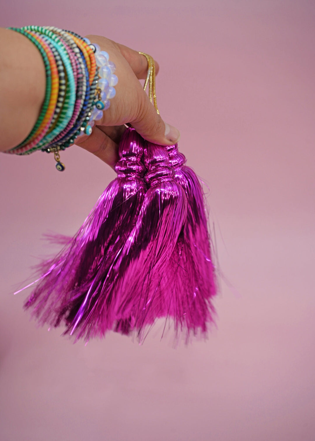 Fuchsia Pink  Metallic Tinsel Tassels  Set of 2 Festive Tassels for DIY Jewelry, 6 inches, Decor, and Crafts