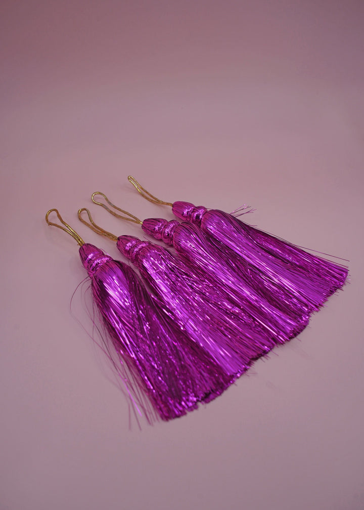 Fuchsia Pink  Metallic Tinsel Tassels  Set of 2 Festive Tassels for DIY Jewelry, 6 inches, Decor, and Crafts