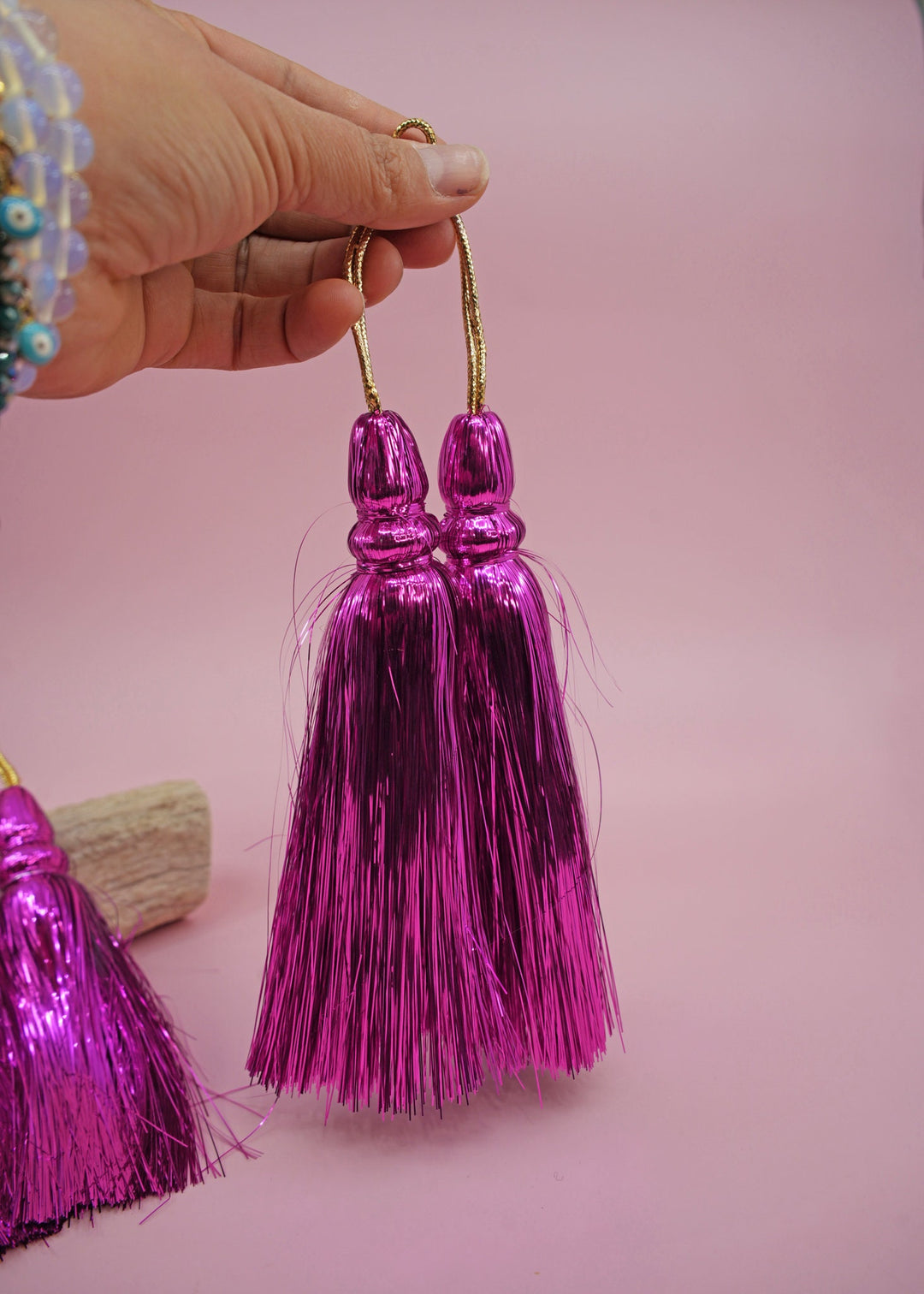 Fuchsia Pink  Metallic Tinsel Tassels  Set of 2 Festive Tassels for DIY Jewelry, 6 inches, Decor, and Crafts