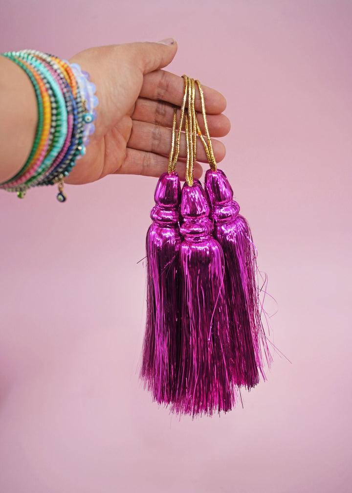 Fuchsia Pink  Metallic Tinsel Tassels  Set of 2 Festive Tassels for DIY Jewelry, 6 inches, Decor, and Crafts