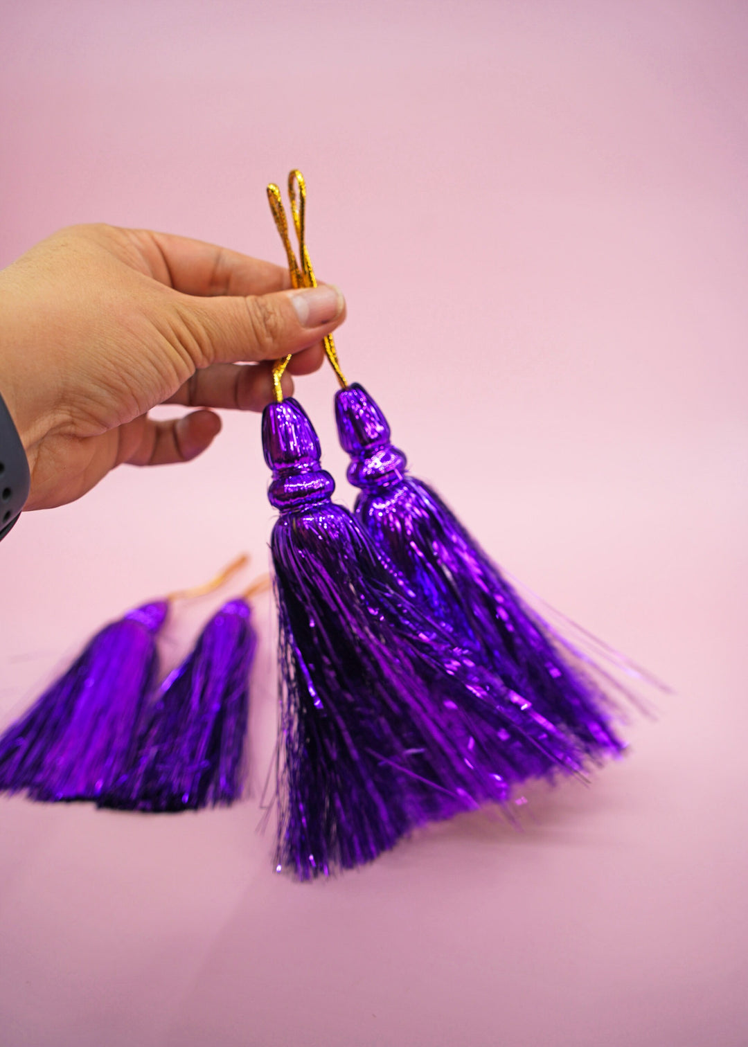 Royal Purple Metallic Tinsel Tassels  Set of 2 Festive Tassels for DIY Jewelry, 6 inches, Decor, and Crafts