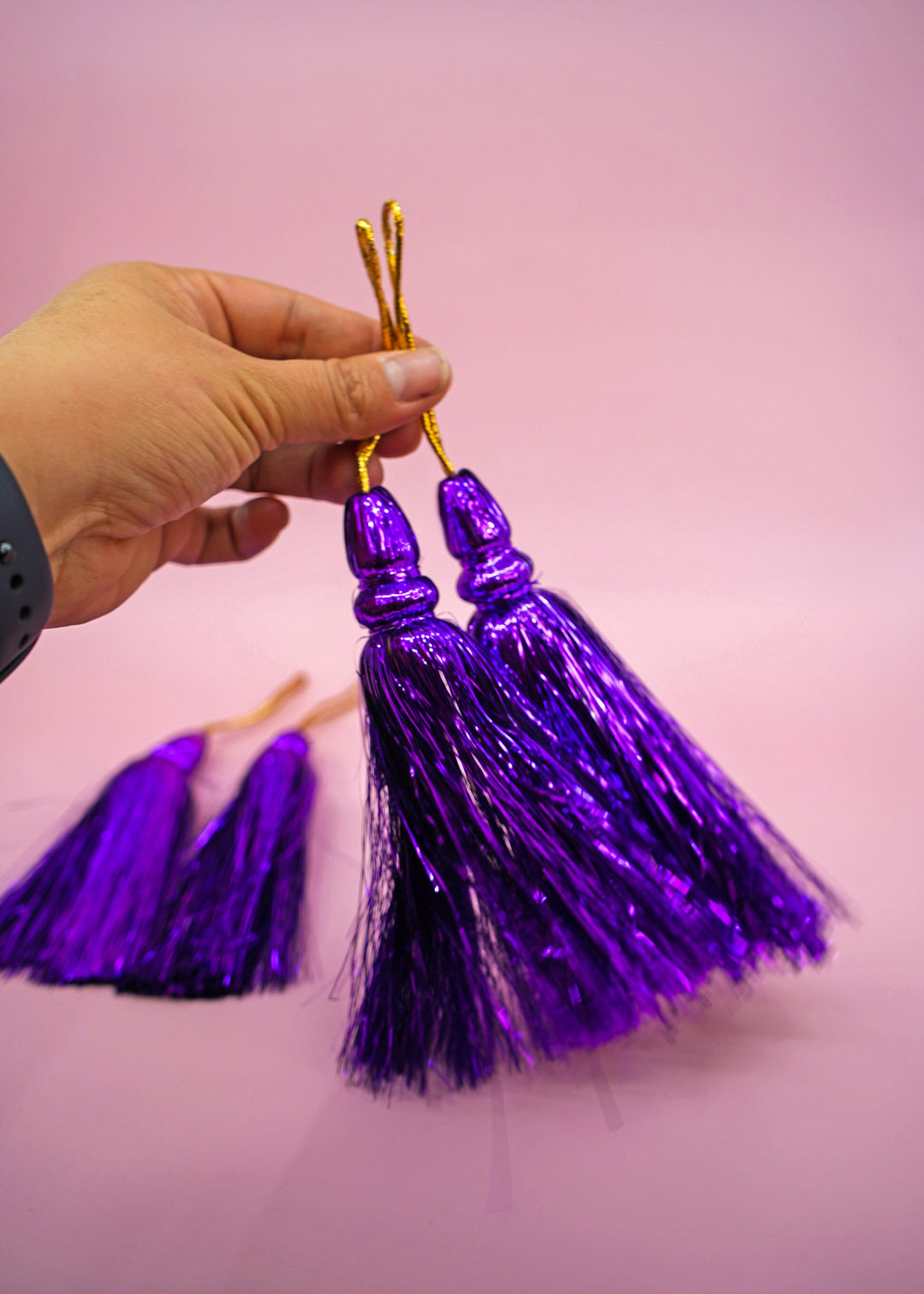 Royal Purple Metallic Tinsel Tassels  Set of 2 Festive Tassels for DIY Jewelry, 6 inches, Decor, and Crafts