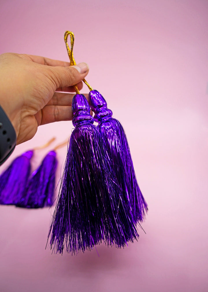 Royal Purple Metallic Tinsel Tassels  Set of 2 Festive Tassels for DIY Jewelry, 6 inches, Decor, and Crafts