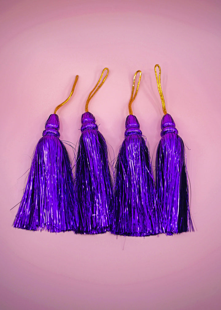Royal Purple Metallic Tinsel Tassels  Set of 2 Festive Tassels for DIY Jewelry, 6 inches, Decor, and Crafts
