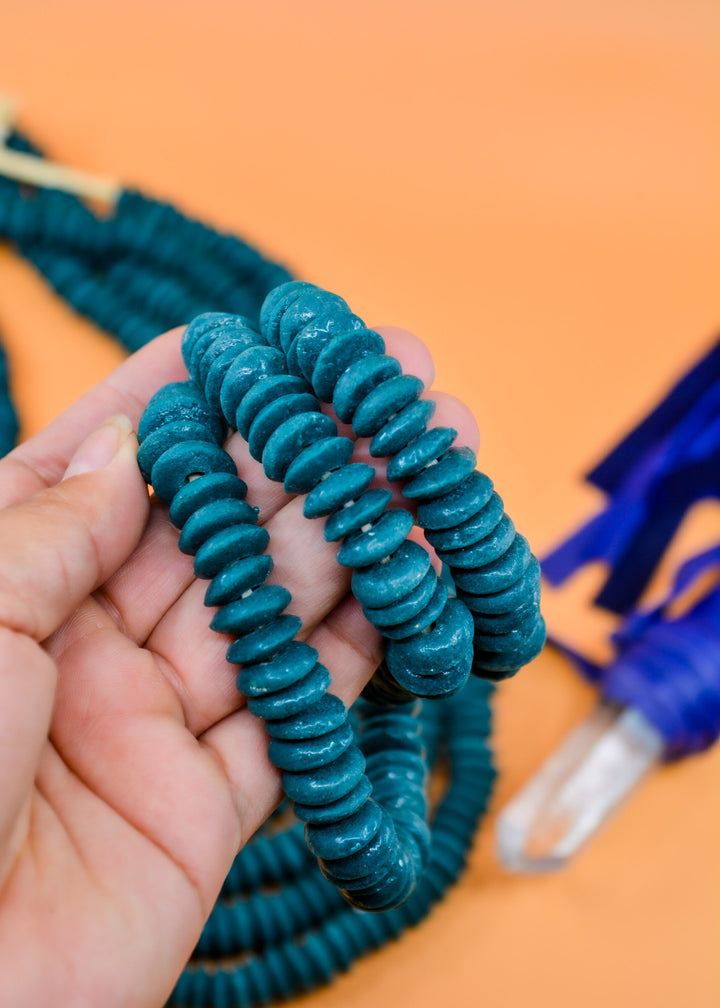 Deep Teal Blue: Ashanti Glass Beads, 14x5mm, Ashanti Krobo Glass Beads, Spacer Beads, FULL strand or Pack of 10 beads, African Beads