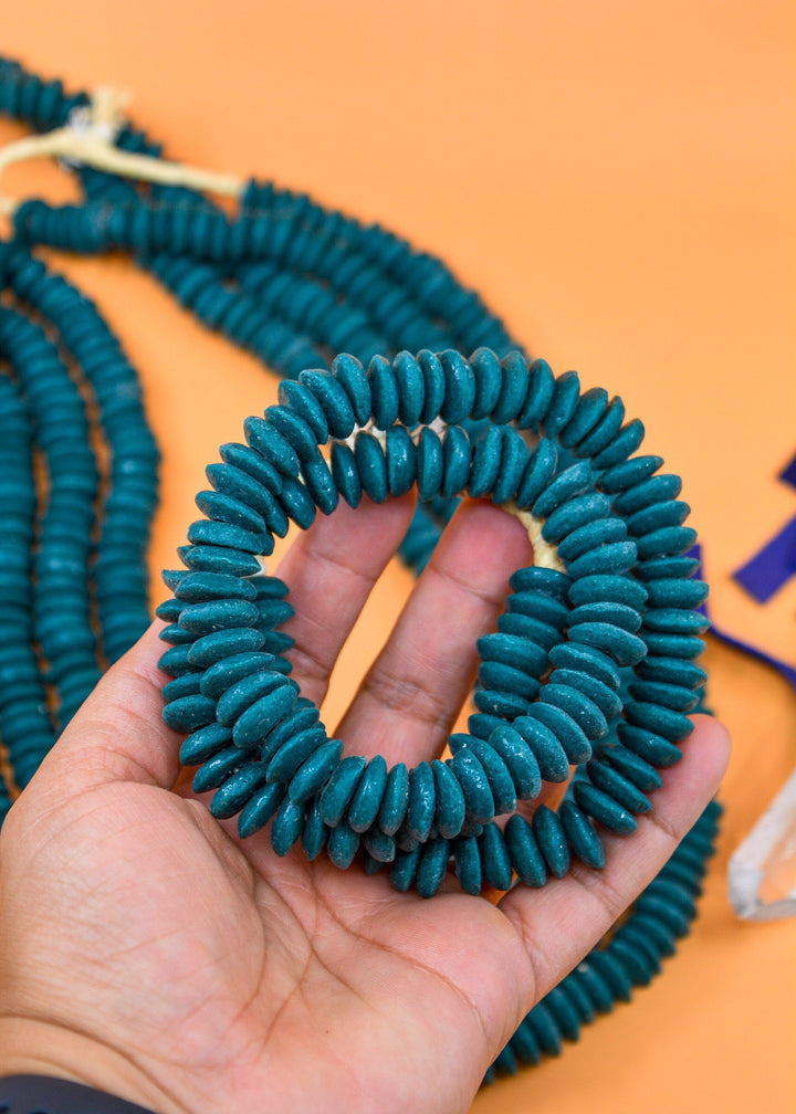 Deep Teal Blue: Ashanti Glass Beads, 14x5mm, Ashanti Krobo Glass Beads, Spacer Beads, FULL strand or Pack of 10 beads, African Beads