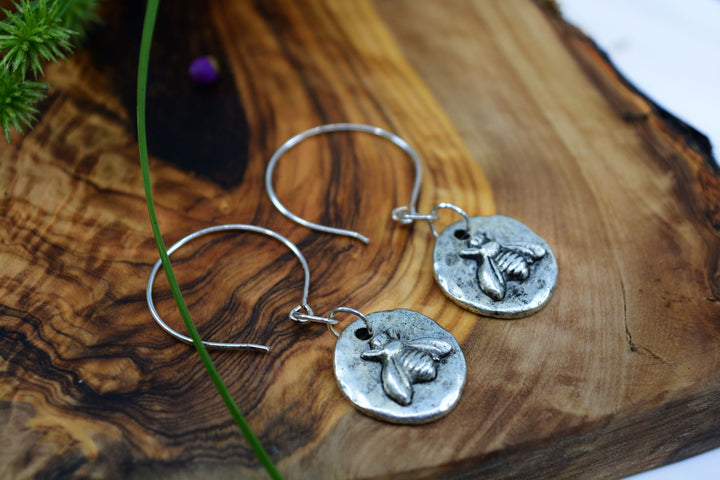Little Bee in Silver: .999 Silver and Sterling Silver Bee Charm Earrings / Handmade Jewelry, Nature Inspired Jewelry, Gifts