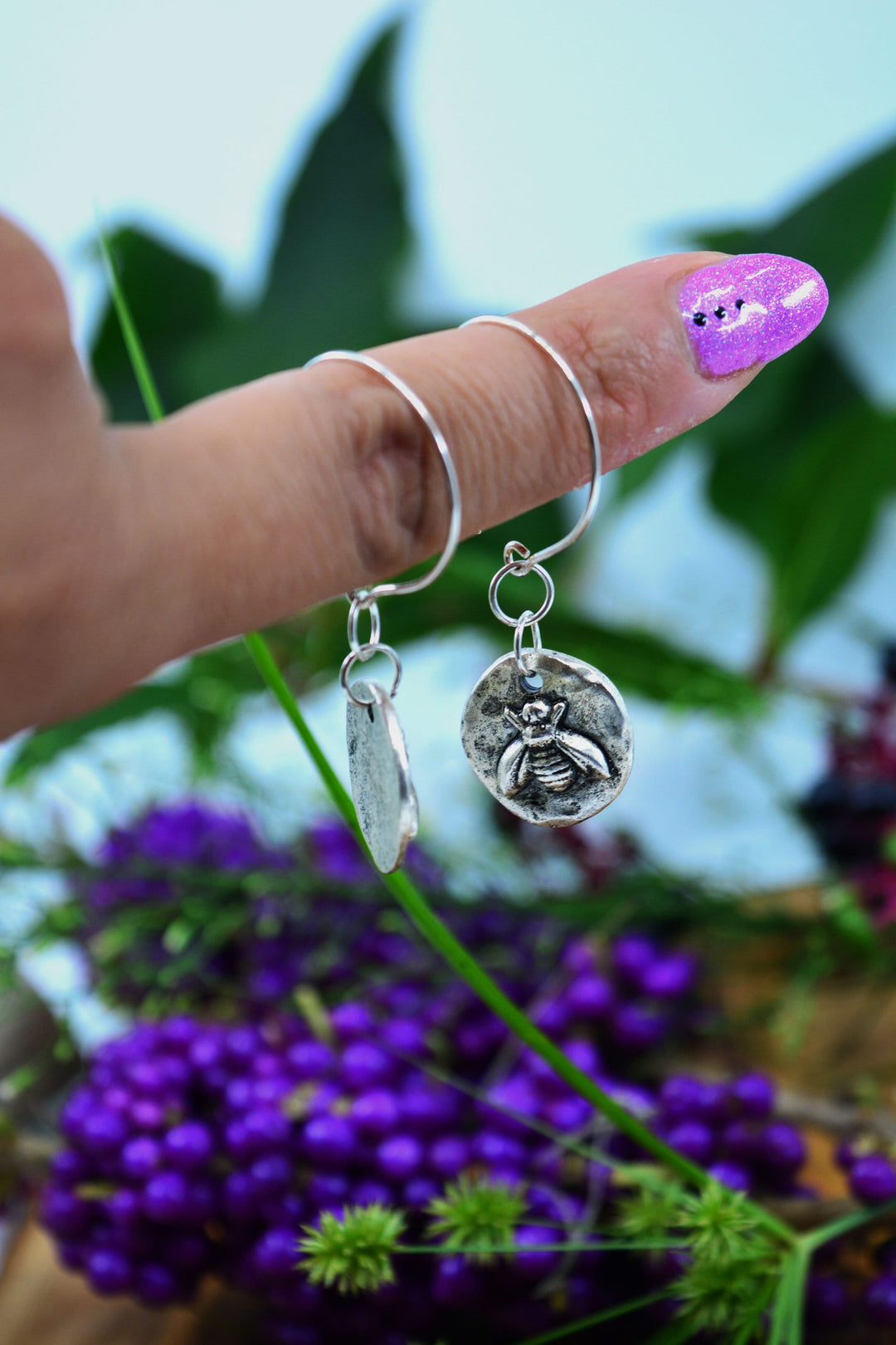 Little Bee in Silver: .999 Silver and Sterling Silver Bee Charm Earrings / Handmade Jewelry, Nature Inspired Jewelry, Gifts