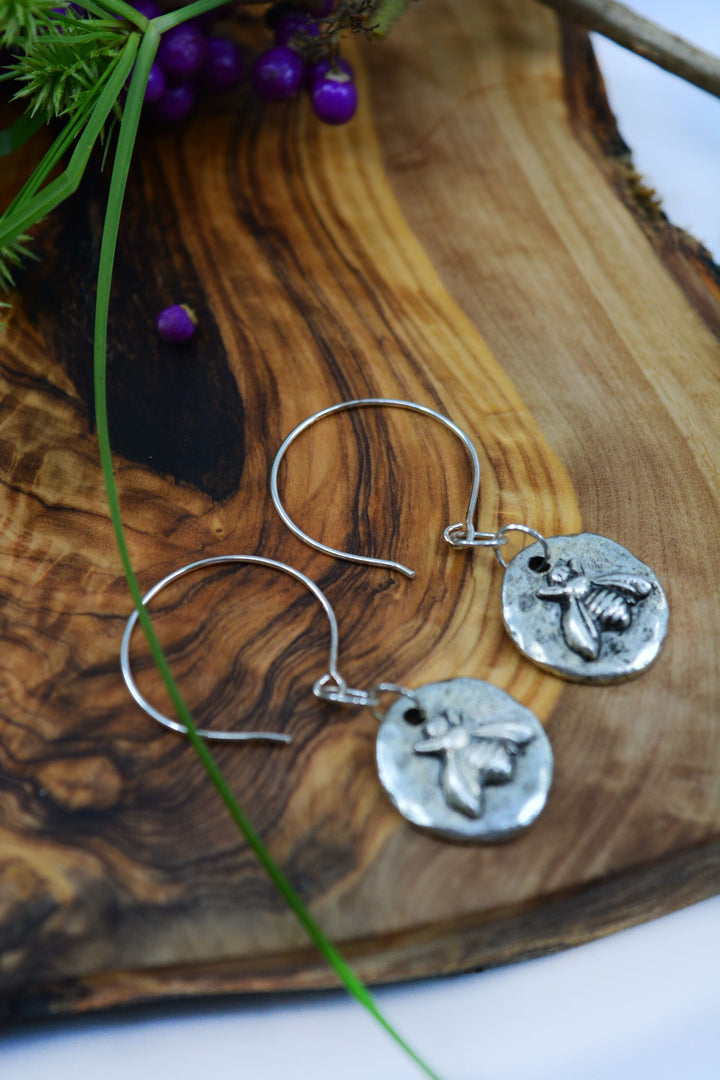 Little Bee in Silver: .999 Silver and Sterling Silver Bee Charm Earrings / Handmade Jewelry, Nature Inspired Jewelry, Gifts