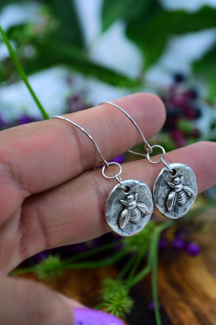 Little Bee in Silver: .999 Silver and Sterling Silver Bee Charm Earrings / Handmade Jewelry, Nature Inspired Jewelry, Gifts