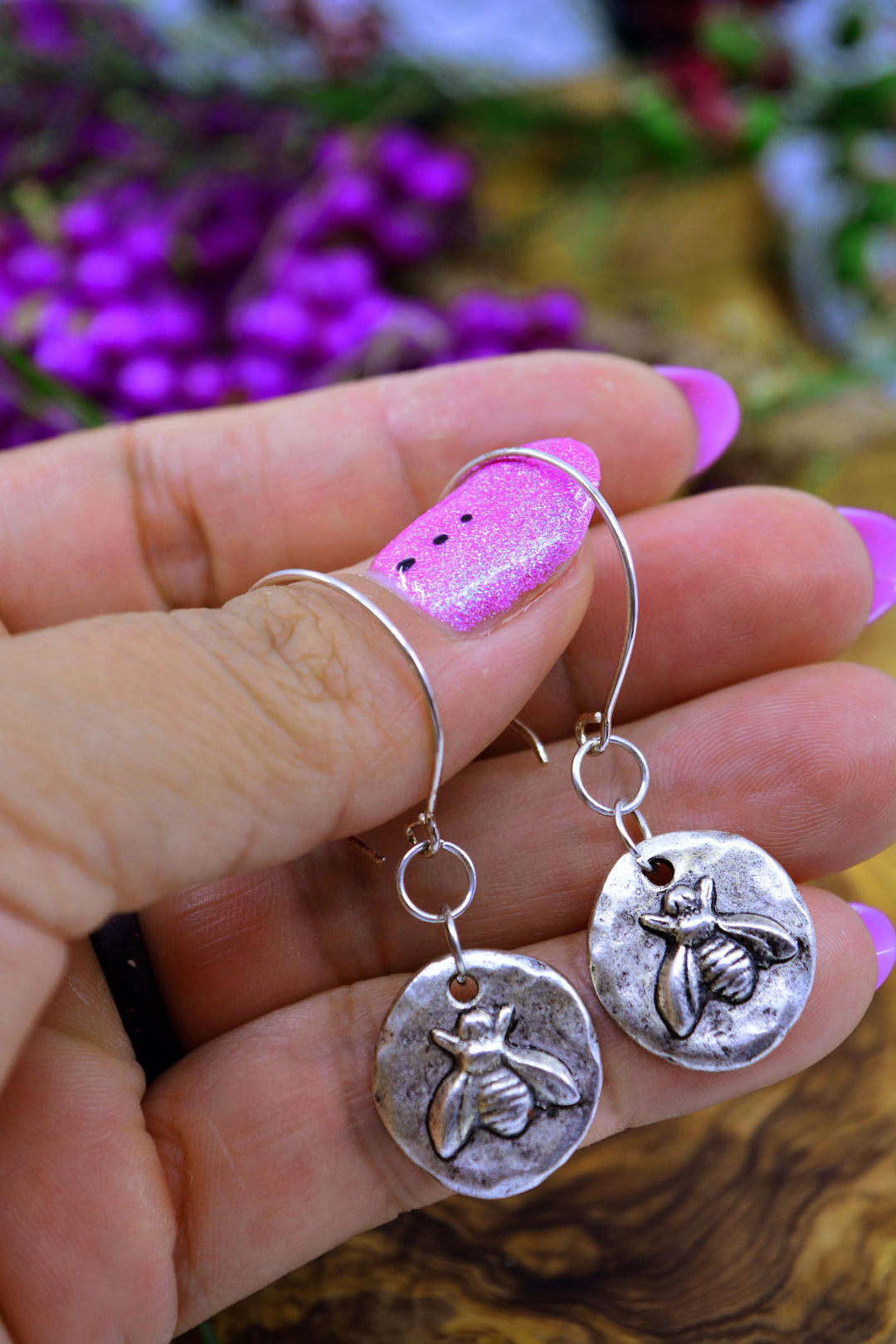 Little Bee in Silver: .999 Silver and Sterling Silver Bee Charm Earrings / Handmade Jewelry, Nature Inspired Jewelry, Gifts