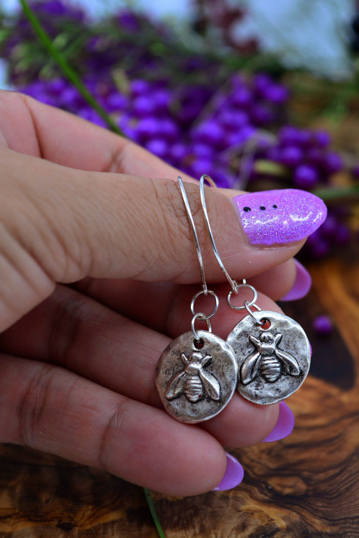 Little Bee in Silver: .999 Silver and Sterling Silver Bee Charm Earrings / Handmade Jewelry, Nature Inspired Jewelry, Gifts