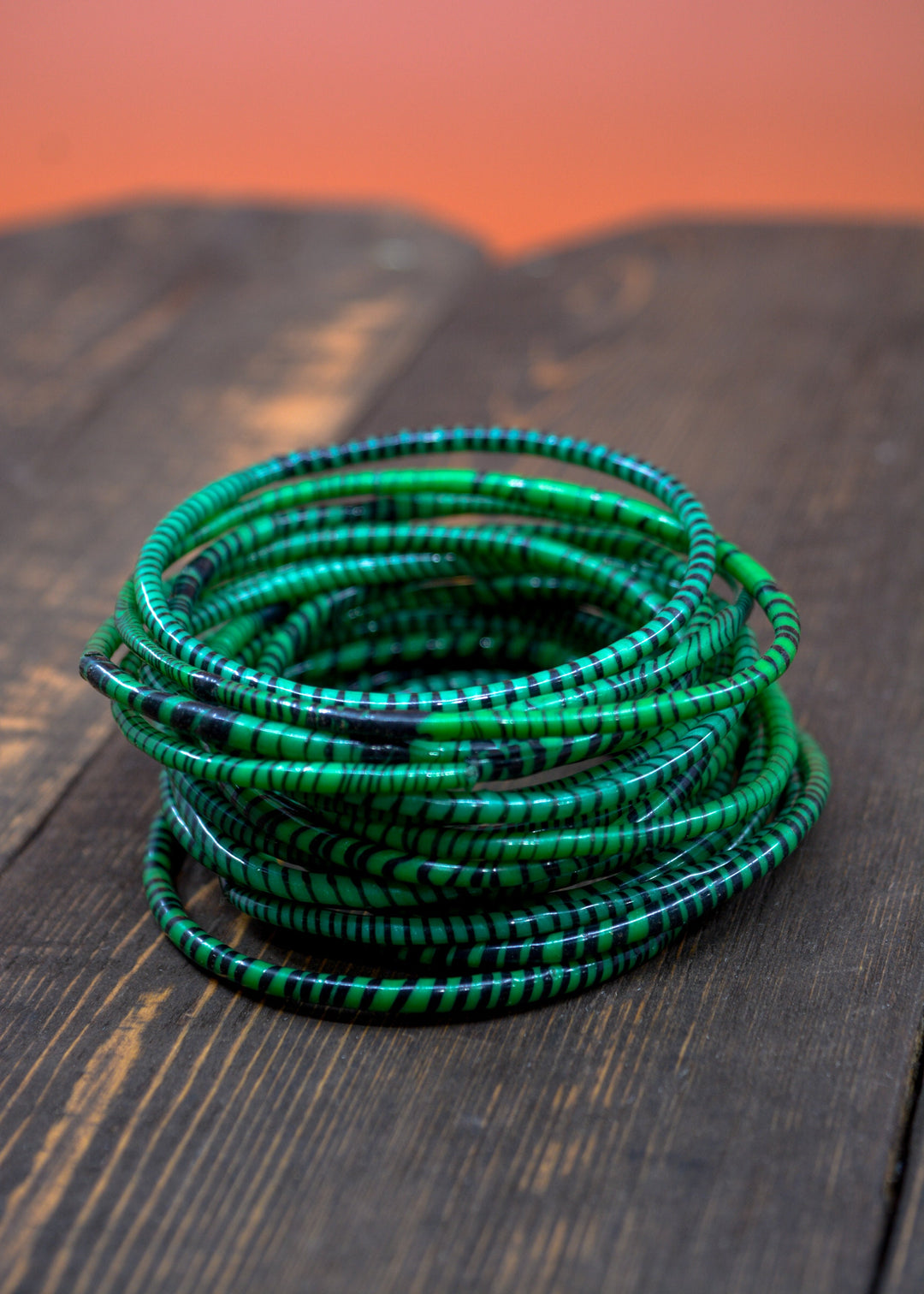 Emerald Green Arm Party Stack – Set of 12 Recycled Flip Flop Bracelets from Mali