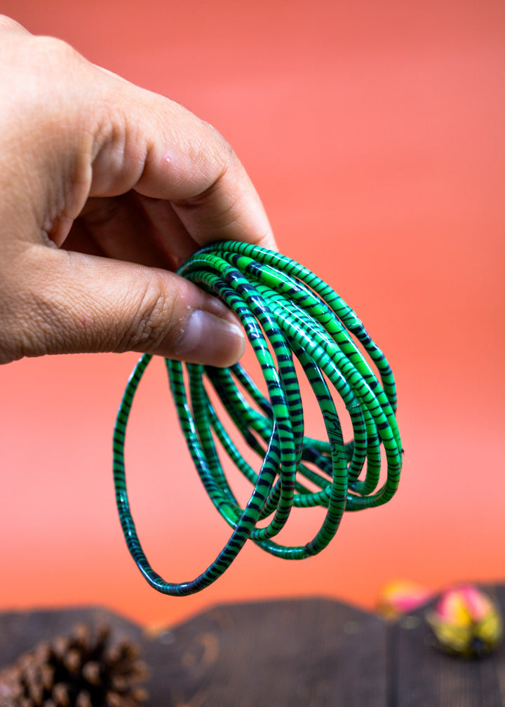 Emerald Green Arm Party Stack – Set of 12 Recycled Flip Flop Bracelets from Mali