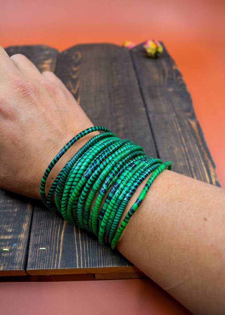 Emerald Green Arm Party Stack – Set of 12 Recycled Flip Flop Bracelets from Mali