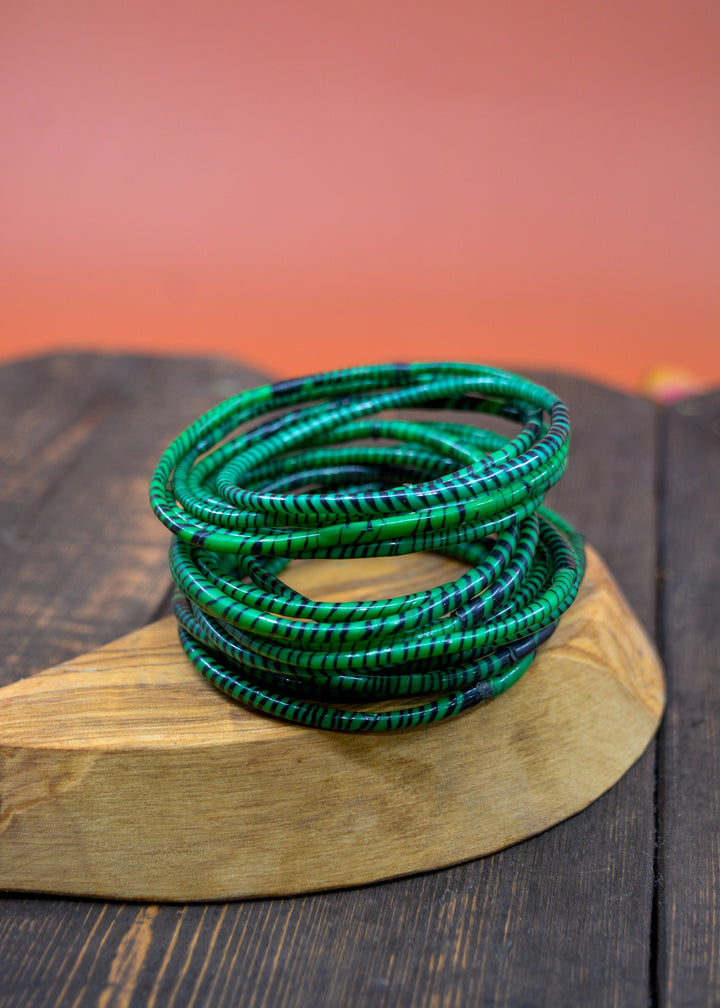 Emerald Green Arm Party Stack – Set of 12 Recycled Flip Flop Bracelets from Mali