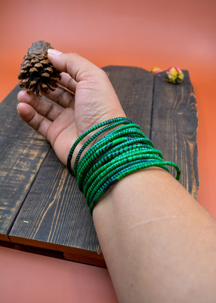Emerald Green Arm Party Stack – Set of 12 Recycled Flip Flop Bracelets from Mali