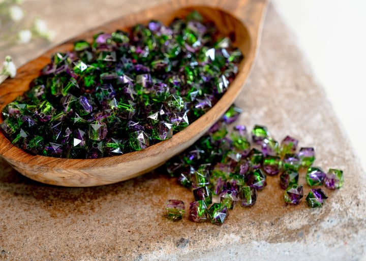 Purple &amp; Green: Polygon Acrylic Beads, 8mm x 30 beads / Lucite Beads, Plastic Beads, Crystal Beads, Two-Toned Beads, Jewelry Making Supplies