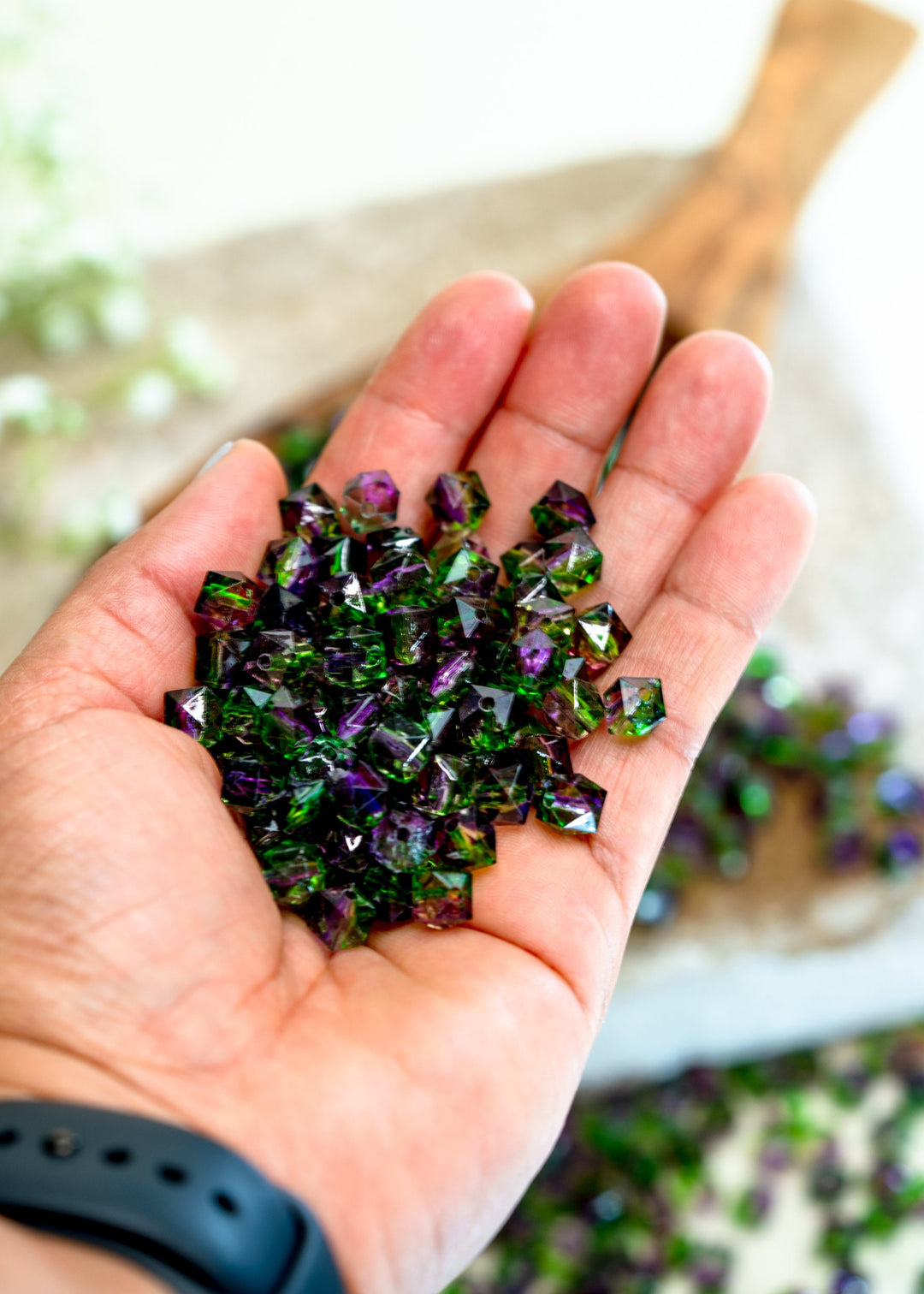 Purple &amp; Green: Polygon Acrylic Beads, 8mm x 30 beads / Lucite Beads, Plastic Beads, Crystal Beads, Two-Toned Beads, Jewelry Making Supplies
