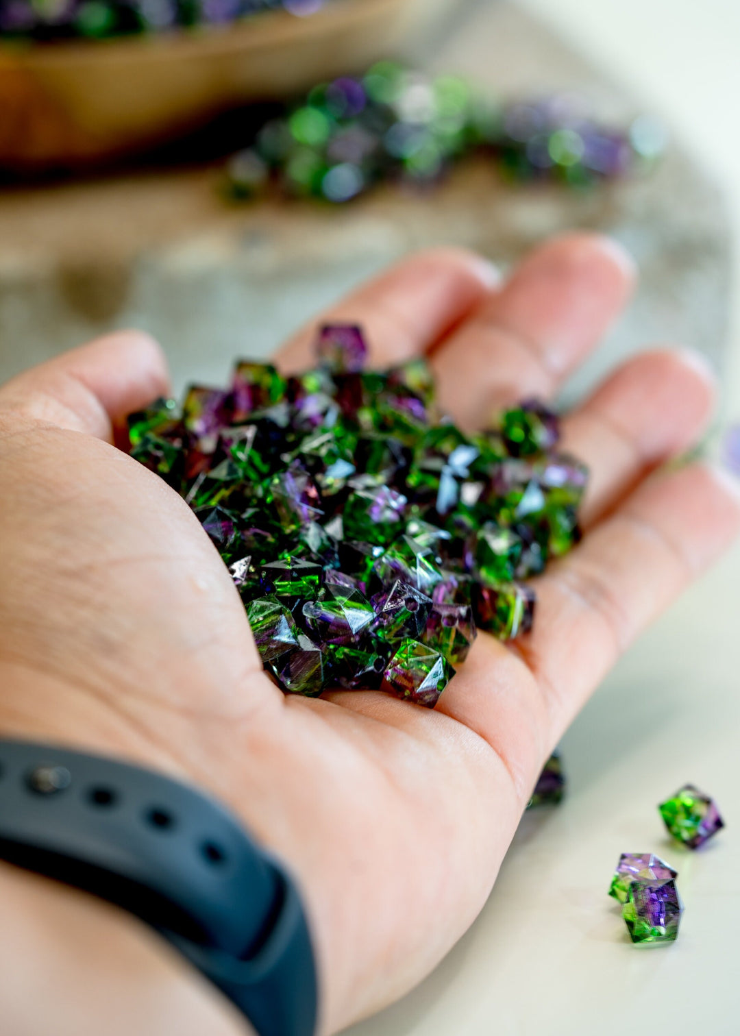 Purple &amp; Green: Polygon Acrylic Beads, 8mm x 30 beads / Lucite Beads, Plastic Beads, Crystal Beads, Two-Toned Beads, Jewelry Making Supplies
