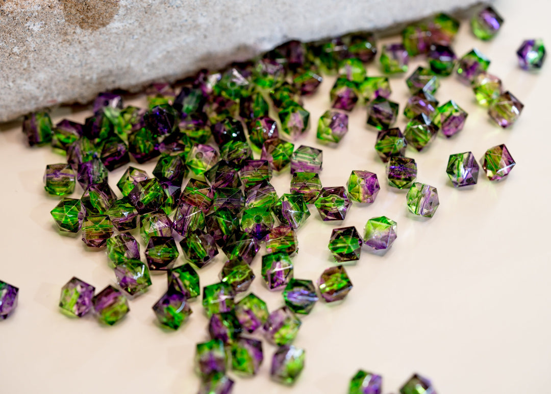 Purple &amp; Green: Polygon Acrylic Beads, 8mm x 30 beads / Lucite Beads, Plastic Beads, Crystal Beads, Two-Toned Beads, Jewelry Making Supplies