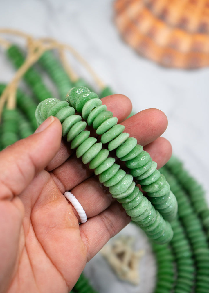 Apple Green: Ashanti Glass Beads, 14x5mm, Ashanti Krobo Glass Beads, Spacer Beads, FULL strand or Pack of 10 beads, African Beads