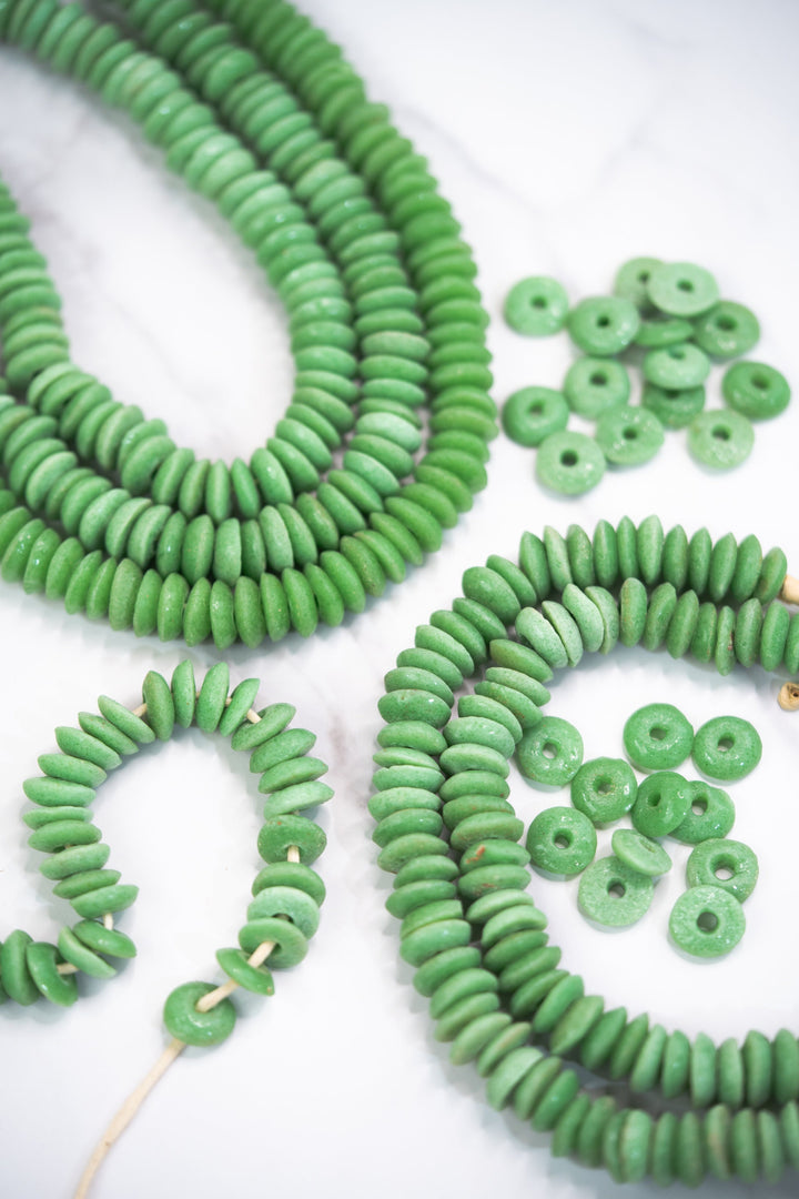 Apple Green: Ashanti Glass Beads, 14x5mm, Ashanti Krobo Glass Beads, Spacer Beads, FULL strand or Pack of 10 beads, African Beads