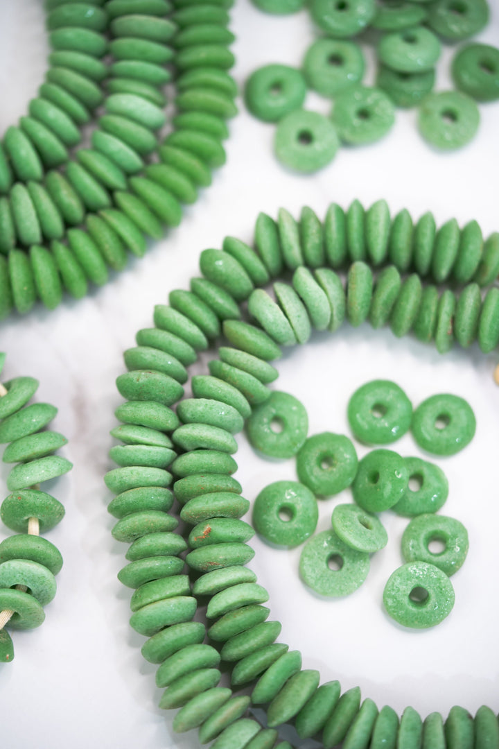 Apple Green: Ashanti Glass Beads, 14x5mm, Ashanti Krobo Glass Beads, Spacer Beads, FULL strand or Pack of 10 beads, African Beads