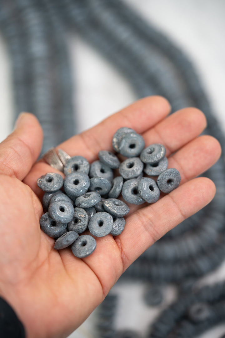 Blue Gray: Ashanti Glass Beads, 14x5mm, Ashanti Krobo Glass Beads, Spacer Beads, FULL strand or Pack of 10 beads, African Beads