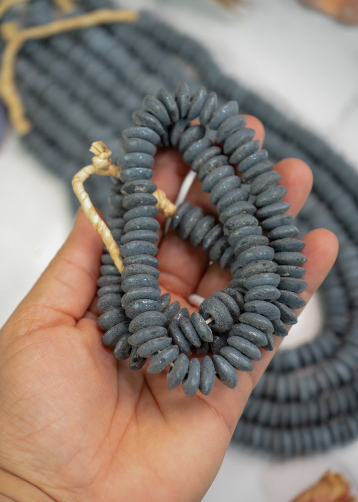 Blue Gray: Ashanti Glass Beads, 14x5mm, Ashanti Krobo Glass Beads, Spacer Beads, FULL strand or Pack of 10 beads, African Beads