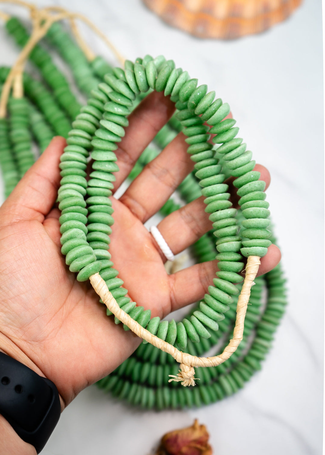 Apple Green: Ashanti Glass Beads, 14x5mm, Ashanti Krobo Glass Beads, Spacer Beads, FULL strand or Pack of 10 beads, African Beads