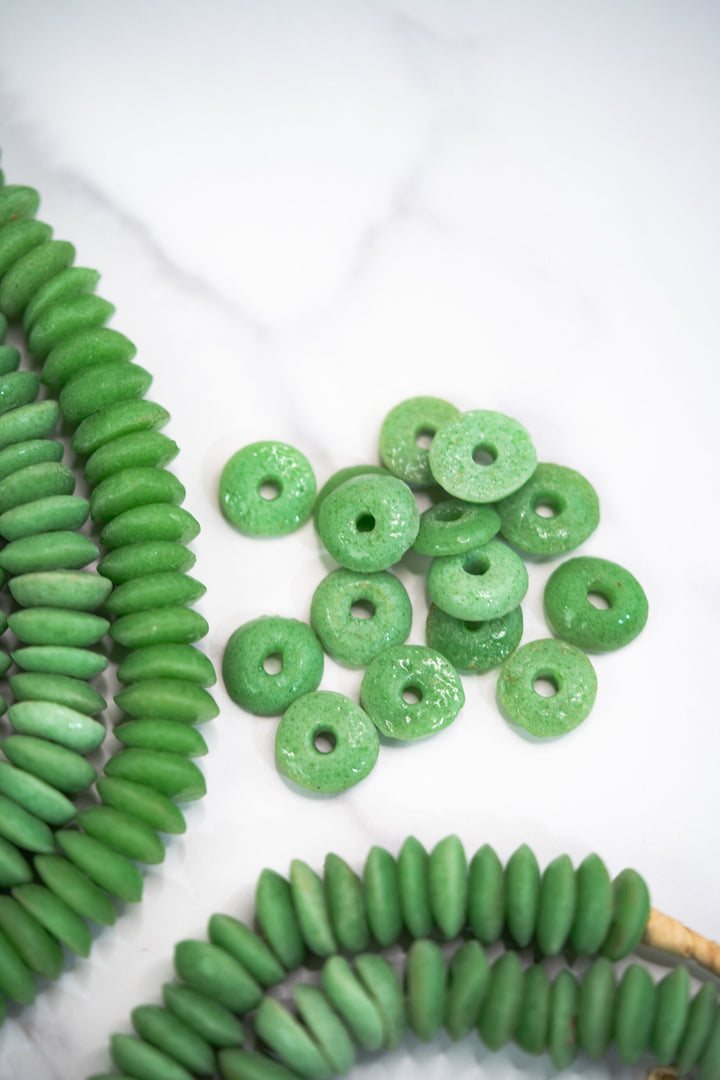 Apple Green: Ashanti Glass Beads, 14x5mm, Ashanti Krobo Glass Beads, Spacer Beads, FULL strand or Pack of 10 beads, African Beads