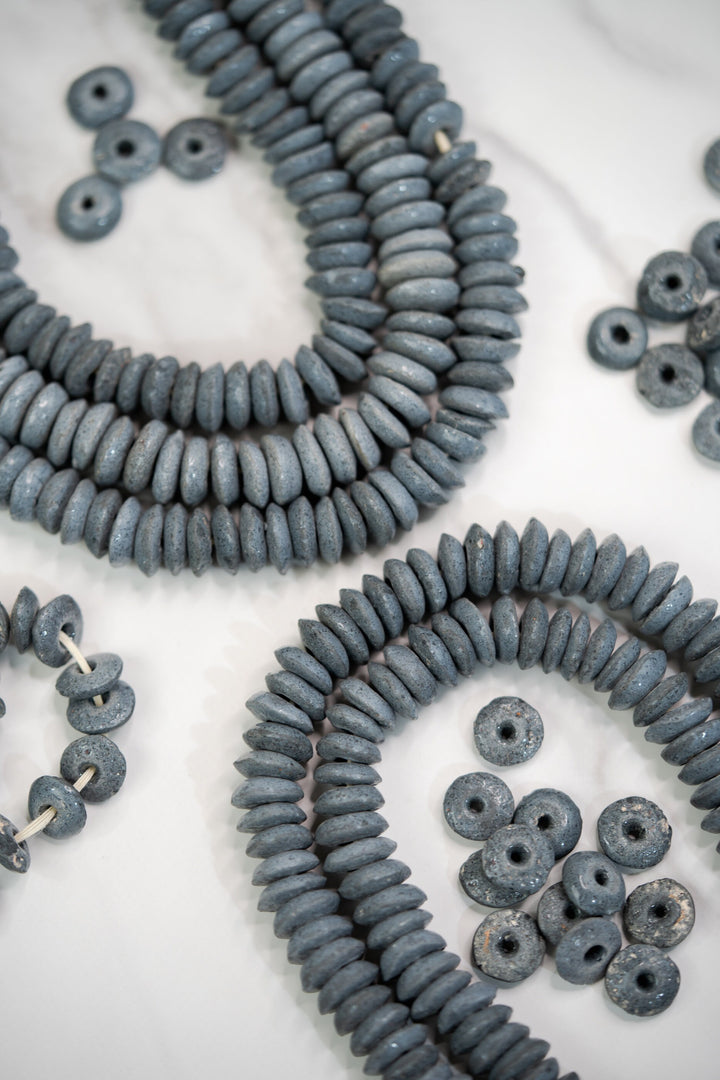 Blue Gray: Ashanti Glass Beads, 14x5mm, Ashanti Krobo Glass Beads, Spacer Beads, FULL strand or Pack of 10 beads, African Beads