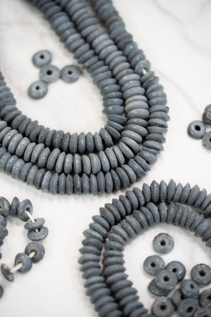 Blue Gray: Ashanti Glass Beads, 14x5mm, Ashanti Krobo Glass Beads, Spacer Beads, FULL strand or Pack of 10 beads, African Beads
